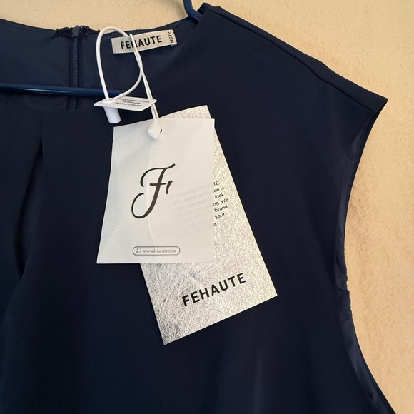 FEHAUTE Navy Blue Ruched Sheath Dress Cap Sleeve Business Casual Women US 12 - Picture 3 of 9